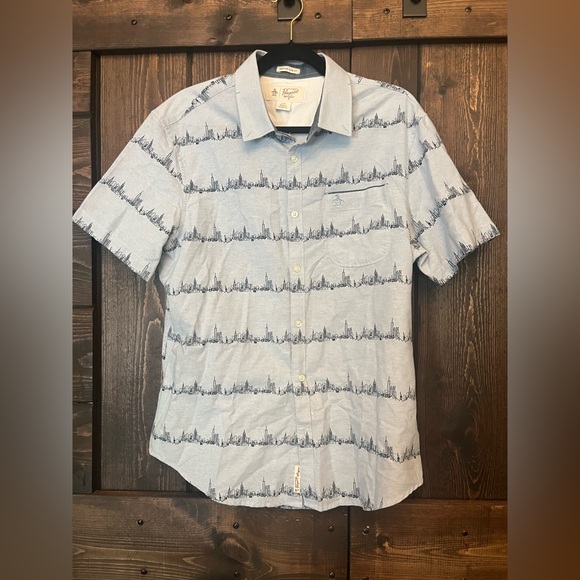 Original Penguin New York City Skyline Blue Short Sleeve button shirt. Size L - Picture 1 of 6